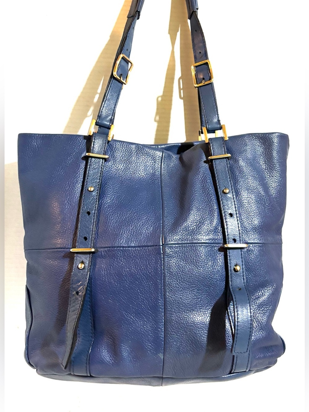 Kelsi Dagger Navy Blue distressed Leather Tote with Gold Hardware